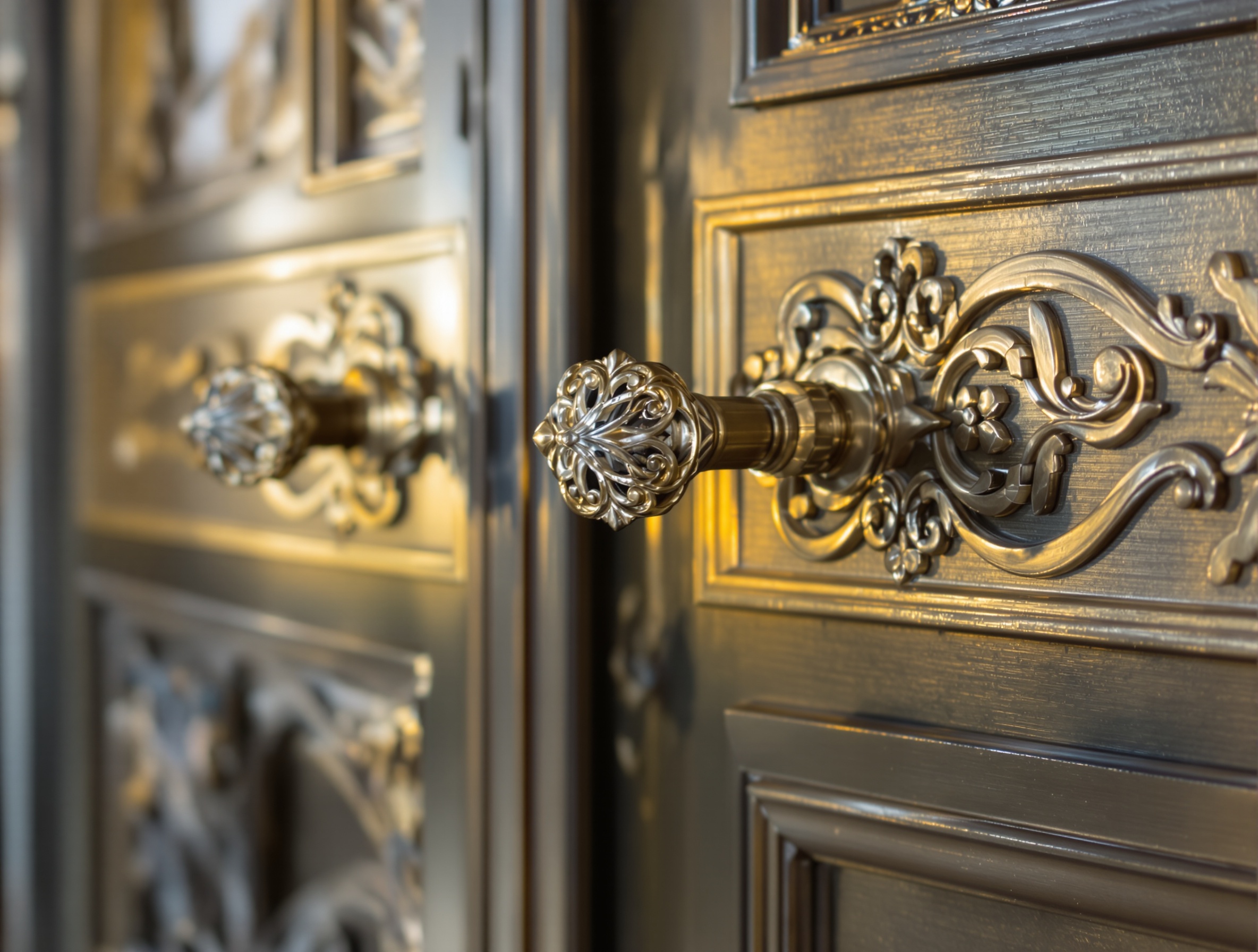 Détail d'une ferronnerie Art nouveau sur une porte d'entrée restaurée dans une villa de la Riviera vaudoise