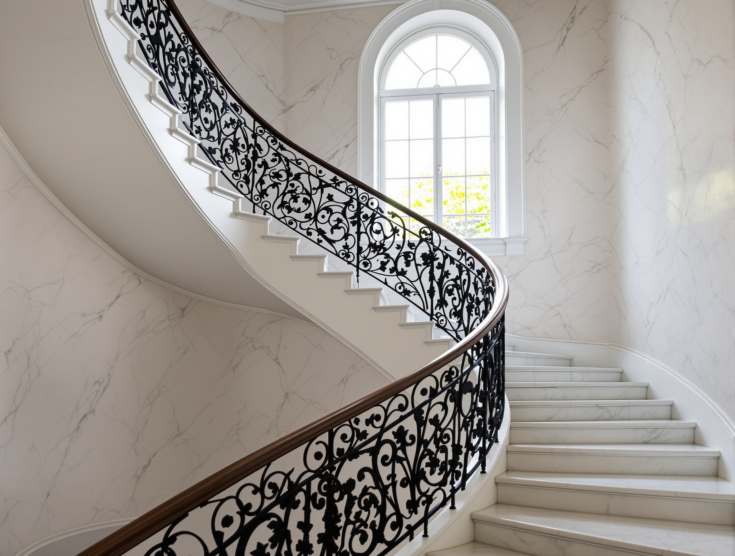 Escalier en marbre blanc avec rampe en fer forgé dans le hall d'entrée d'une villa Belle Époque restaurée
