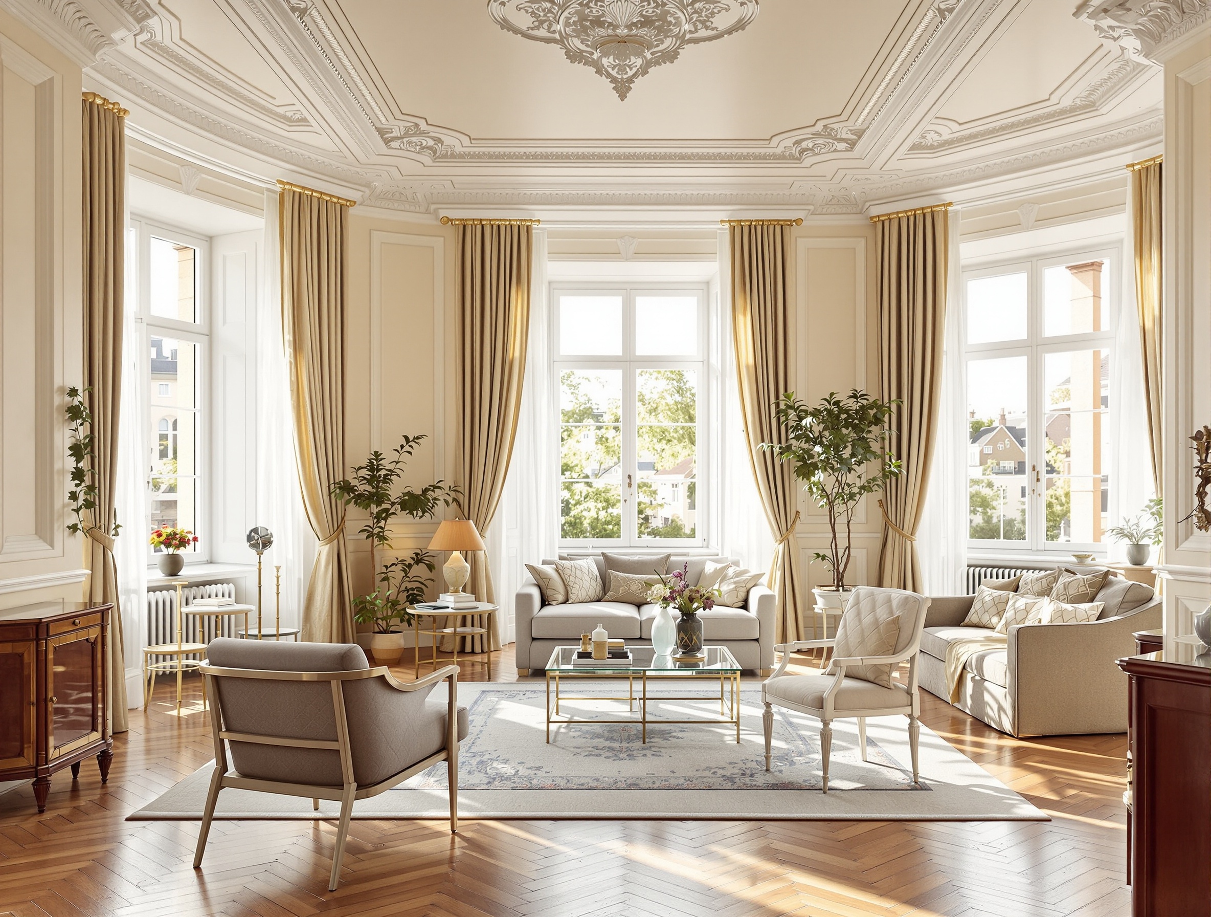 Salon lumineux avec plafond à moulures, parquet chevrons et grandes fenêtres dans un appartement Belle Époque rénové