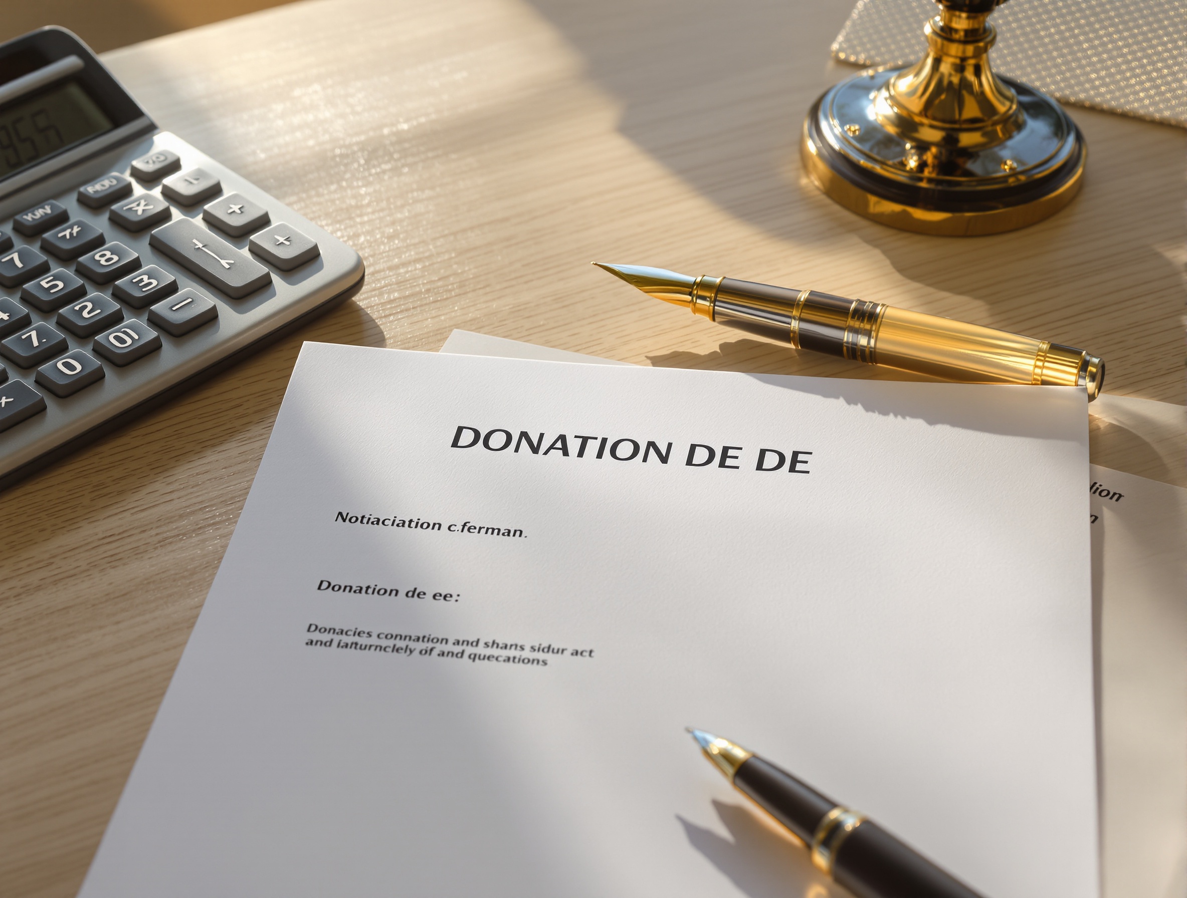 Notarial documents and a deed of gift laid on a light wood desk, with a calculator and a fountain pen