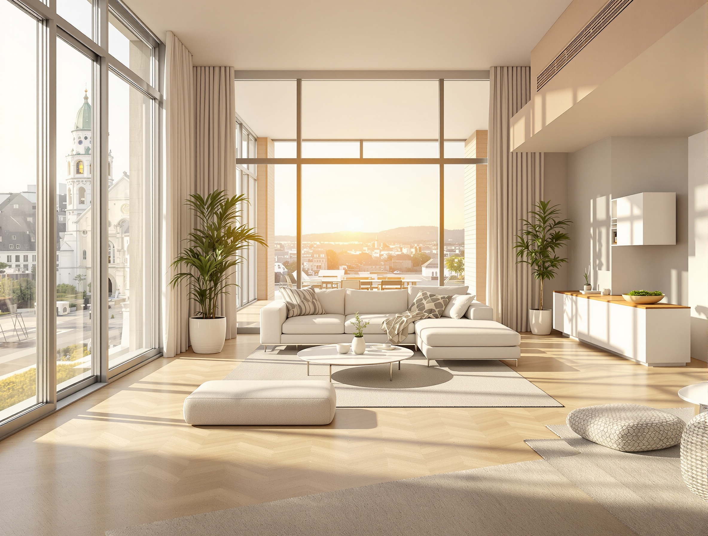 Bright apartment interior with a view of Lake Geneva, light parquet flooring, large bay windows, and minimalist furnishings