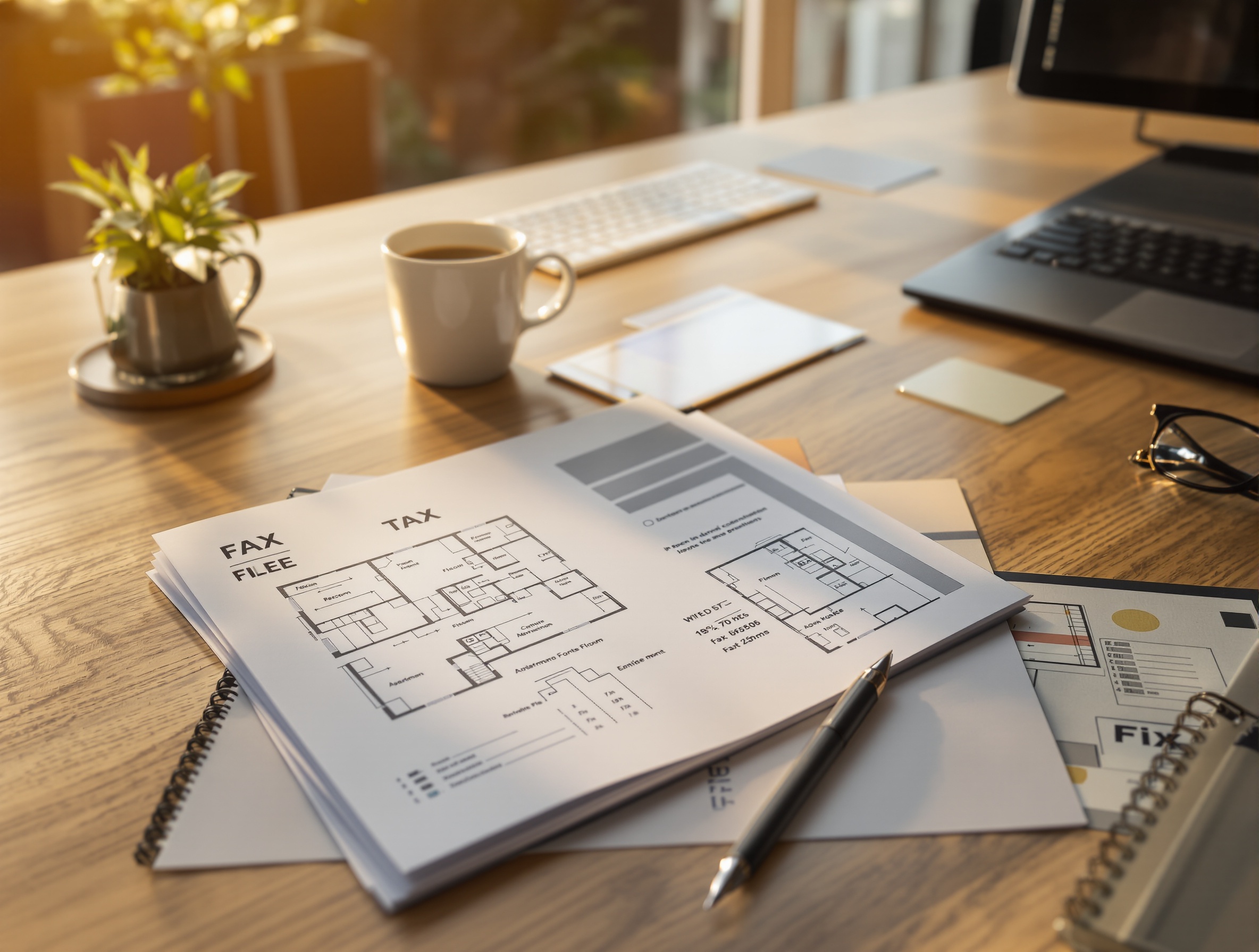 Workspace with an open tax file, apartment floor plans, and a cup of coffee on a wooden desk
