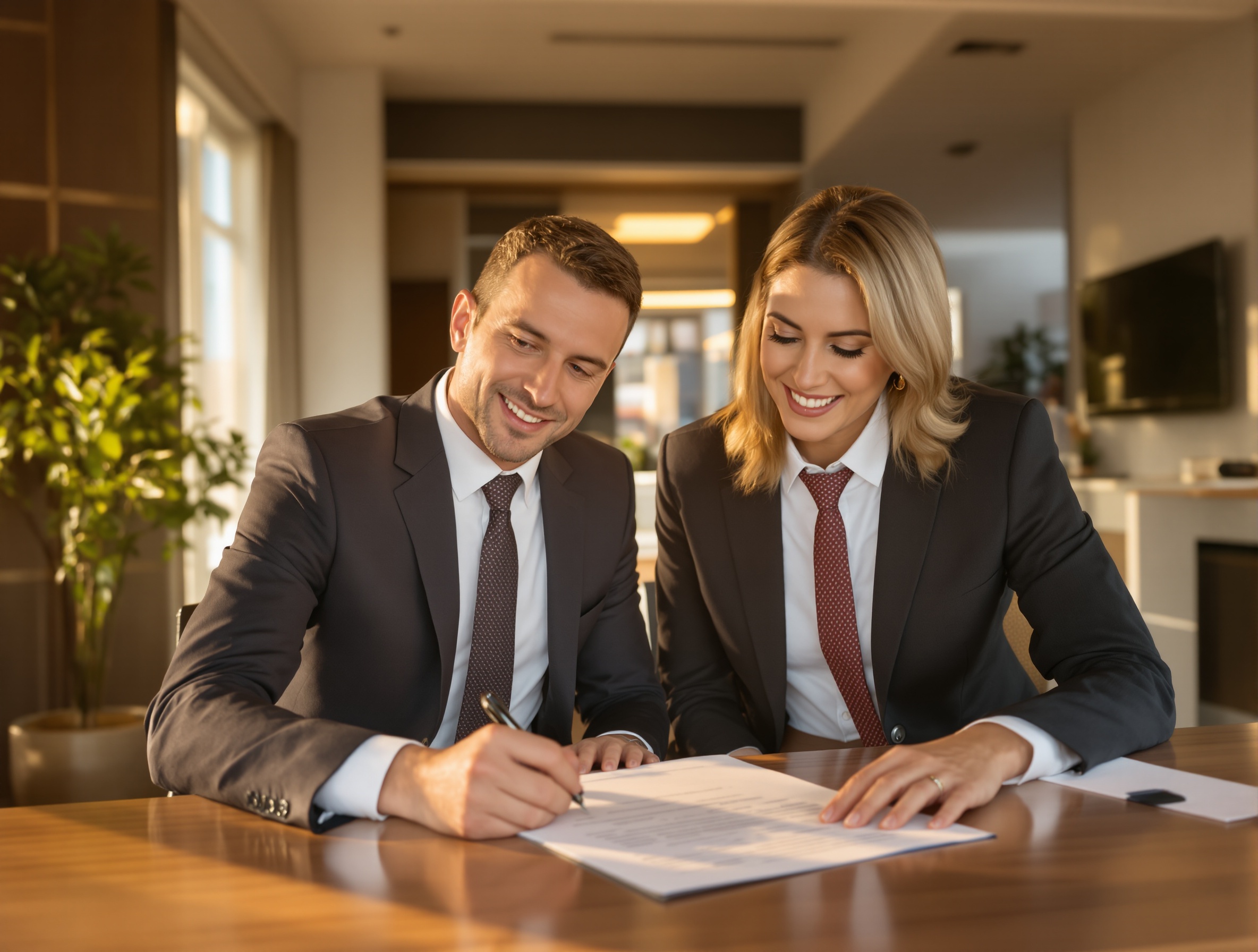 Signing a purchase deed in the presence of a professional real estate advisor