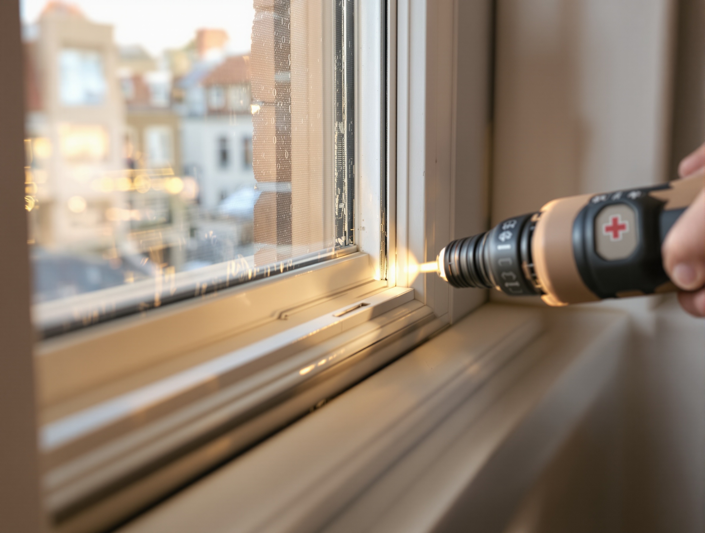 Close-up of a window seal being inspected with a flashlight during a property inspection procedure in an apartment