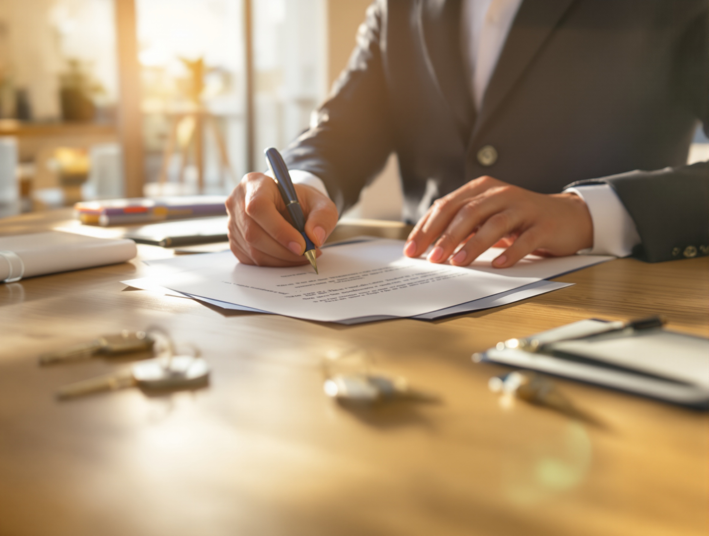 Two hands signing a property inspection report on a table, with a set of keys placed beside it