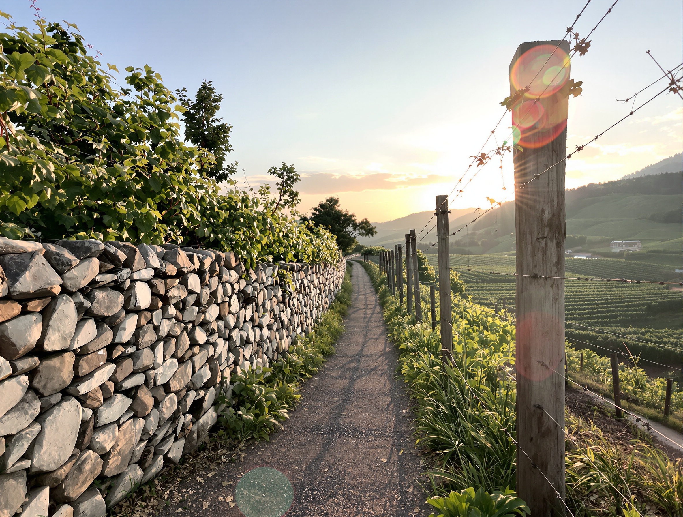 Un chemin de desserte bordé de murets en pierre longeant une propriété viticole sur les hauteurs de la Riviera vaudoise.
