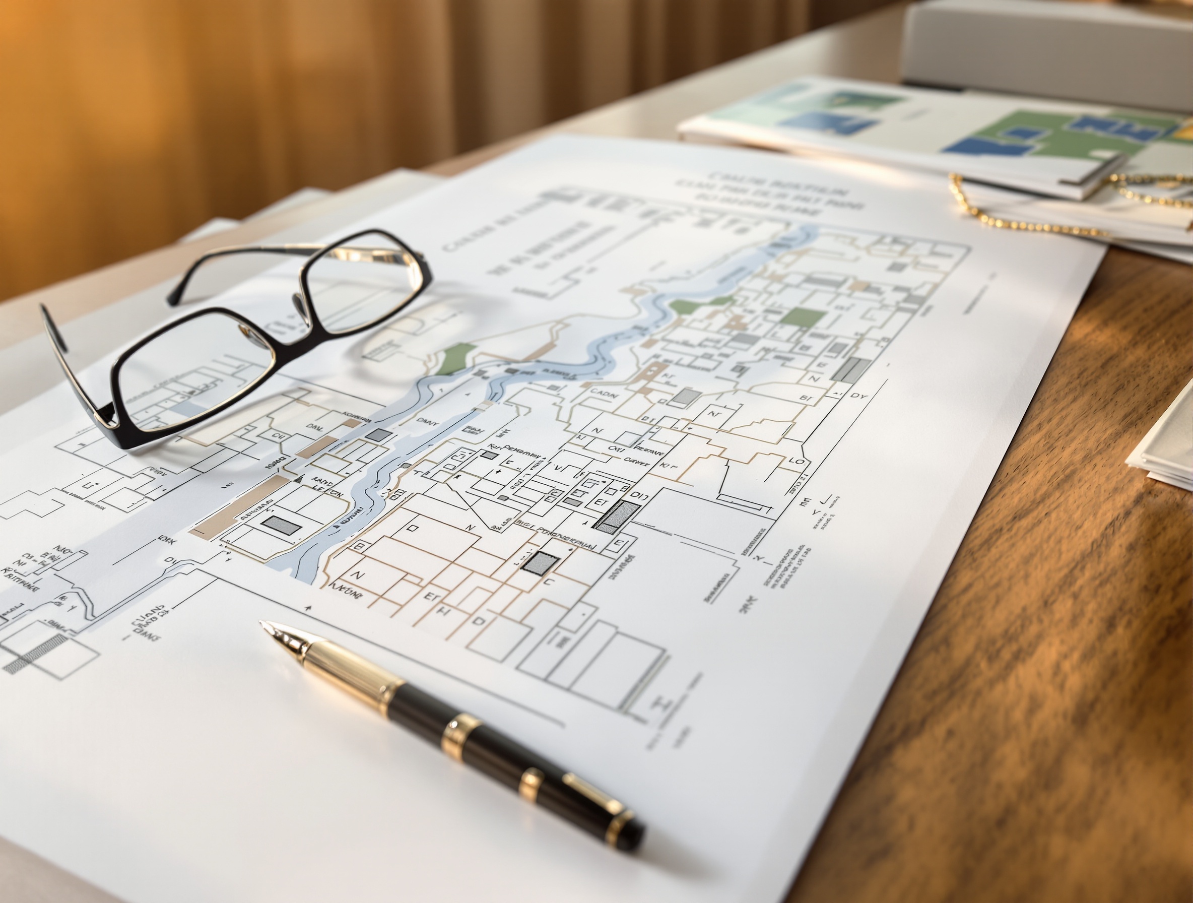Table de travail avec plan cadastral, extraits du Registre foncier et documents notariaux posés côte à côte.