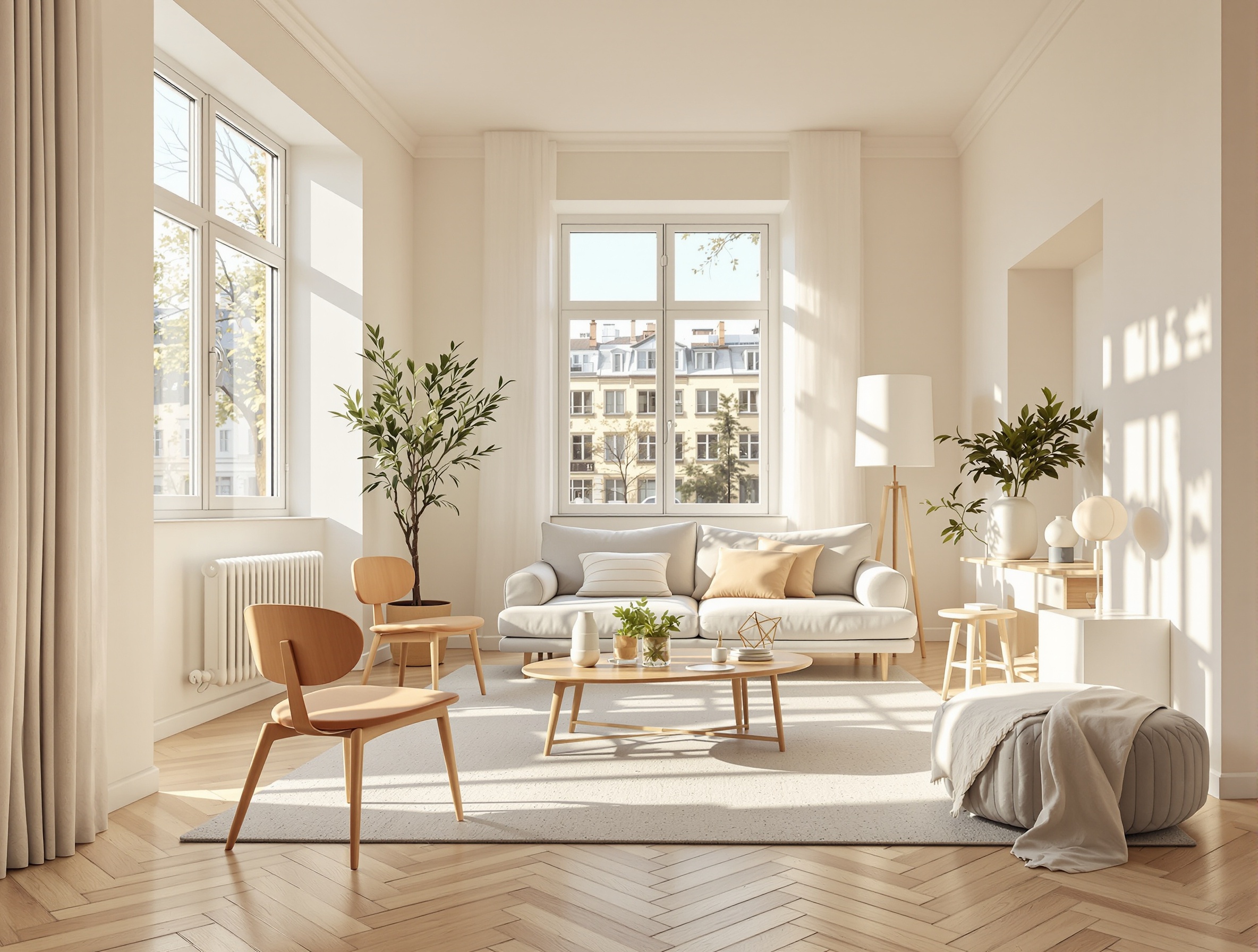 A bright renovated apartment in an older building, featuring light hardwood floors and double-glazed windows