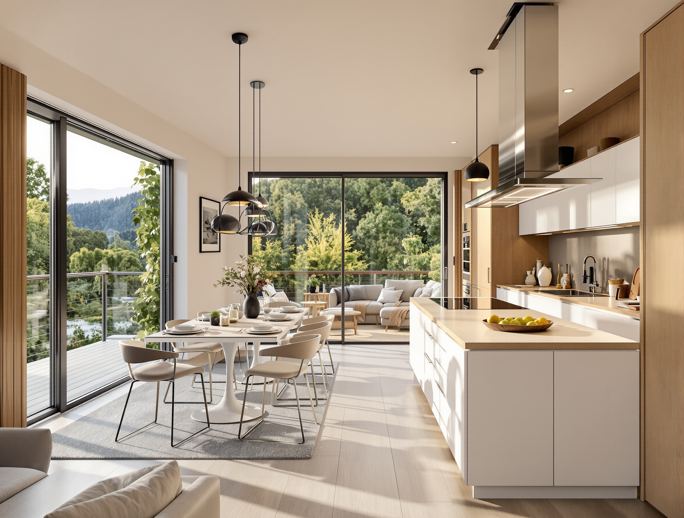 A modern open-plan kitchen connected to a well-designed living area in a new apartment, with a view of a balcony and greenery in the background