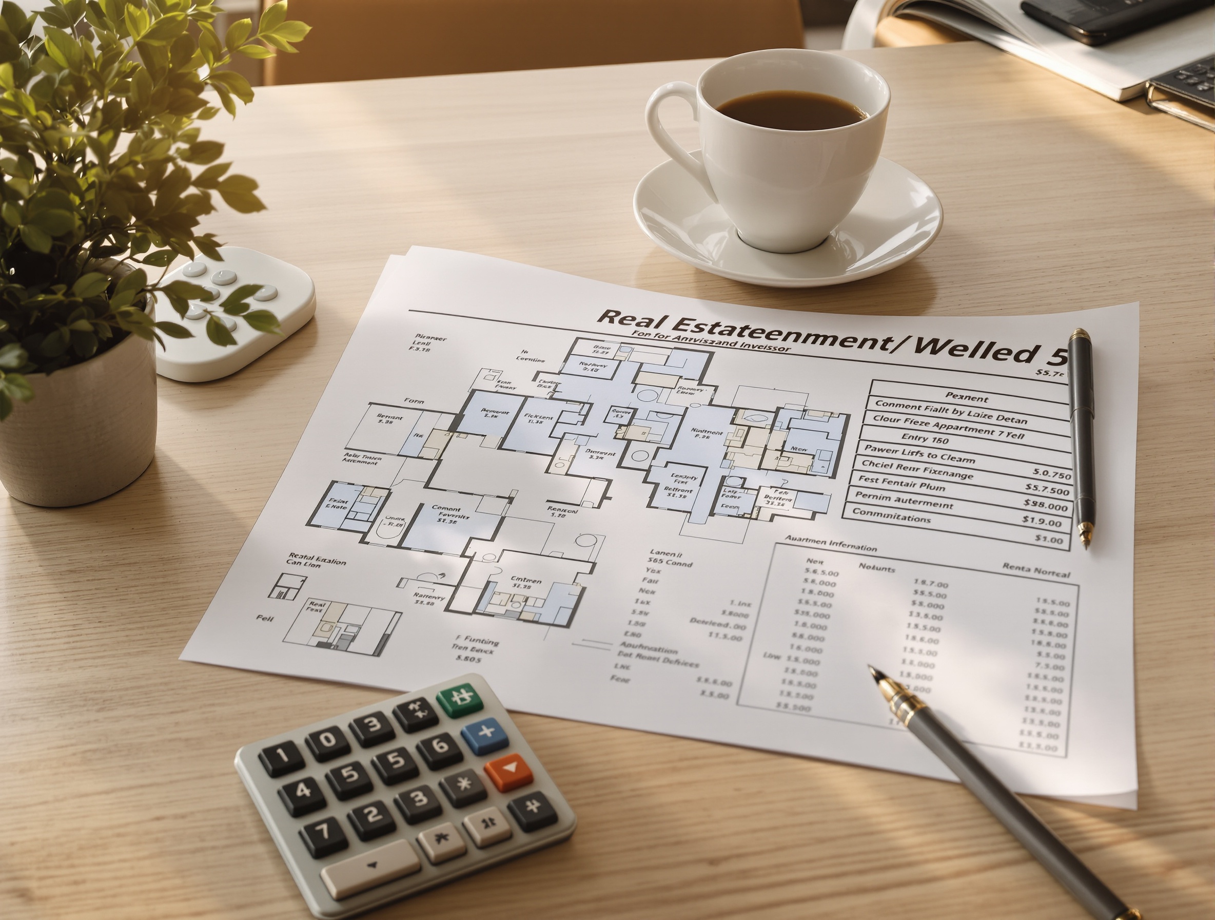 A real estate investor's desk with documents, an apartment floor plan, a calculator, and a cup of coffee on a wooden table