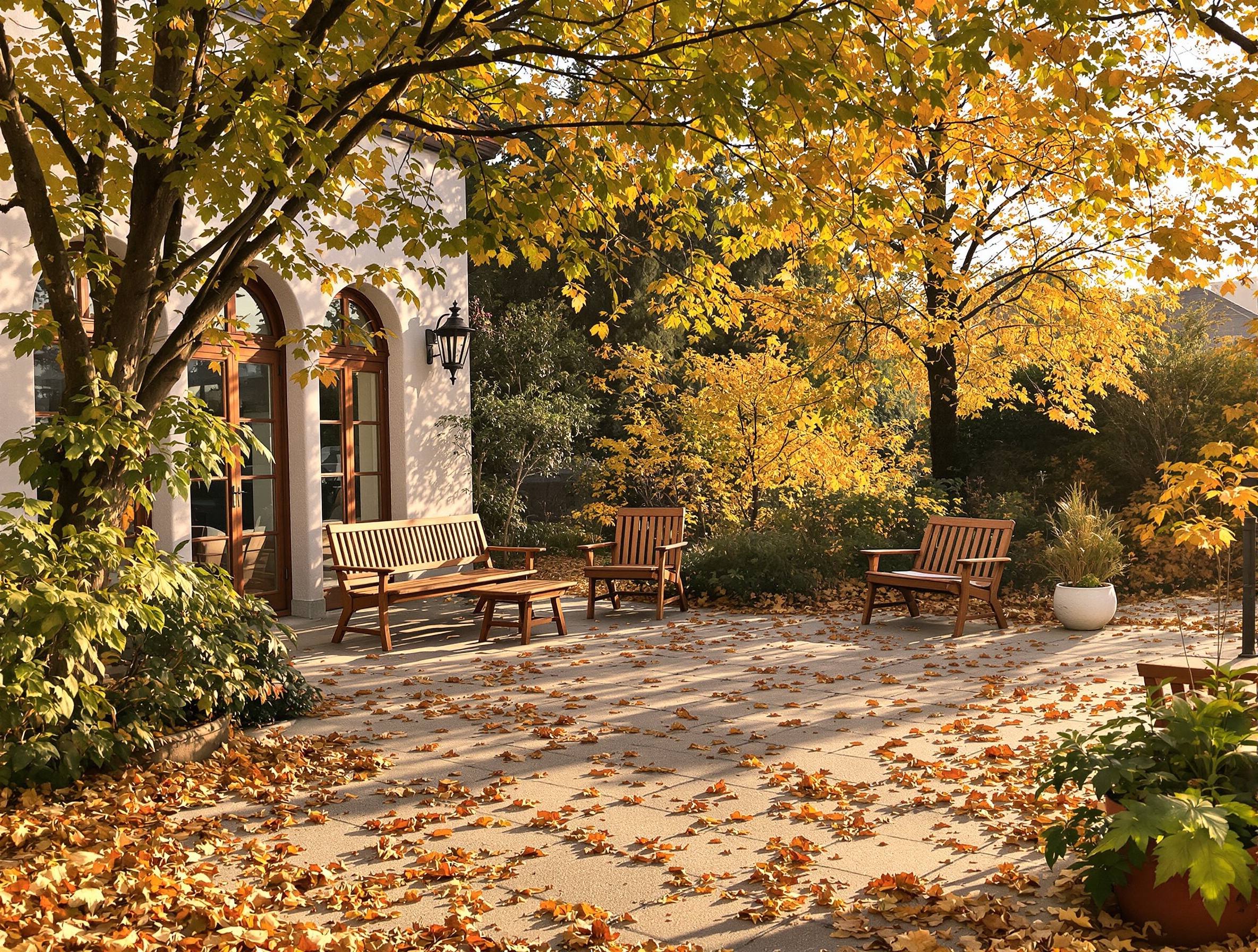 A well-positioned terrace viewed in fall reveals the property's true orientation and the quality of its construction.