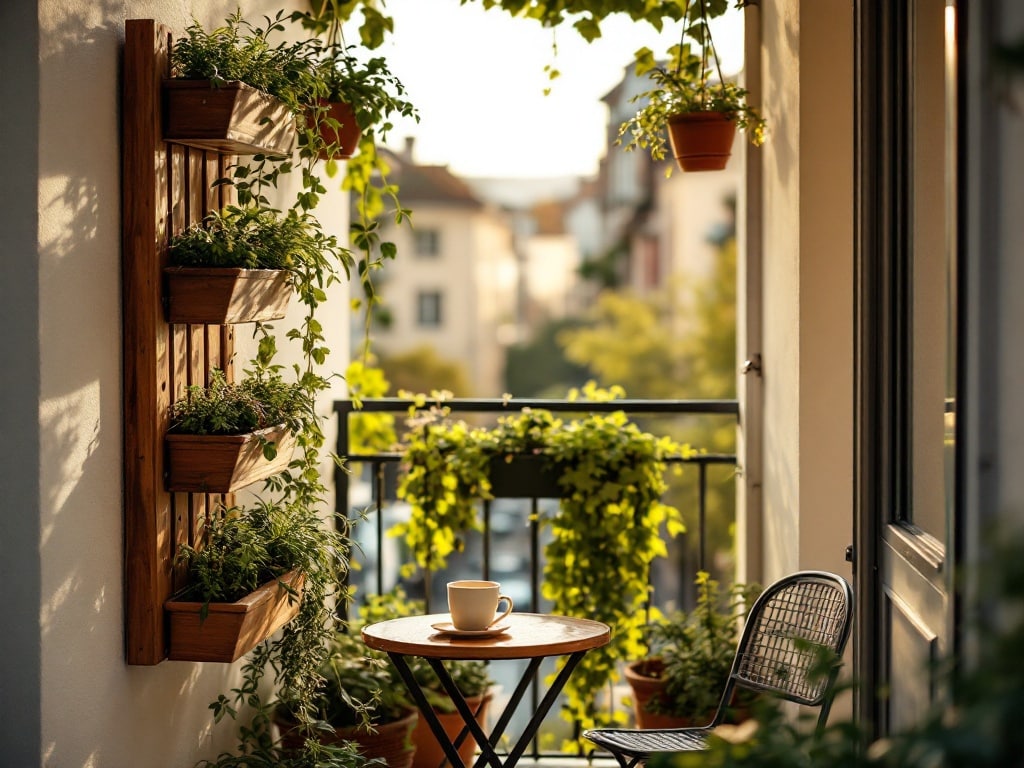La végétalisation verticale libère la surface au sol et transforme le balcon en jardin suspendu.